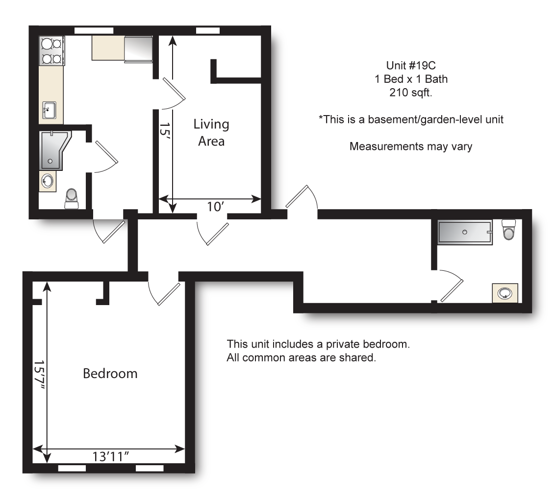 Floor plan for studio, 1 bath, 150 sqft